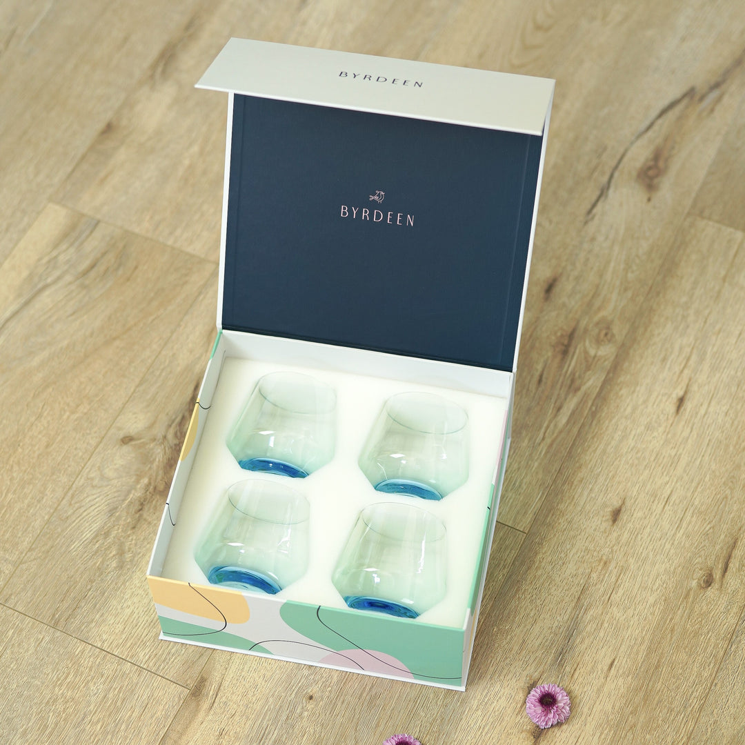 Byrdeen handblown blue cocktail glasses in luxury packaging