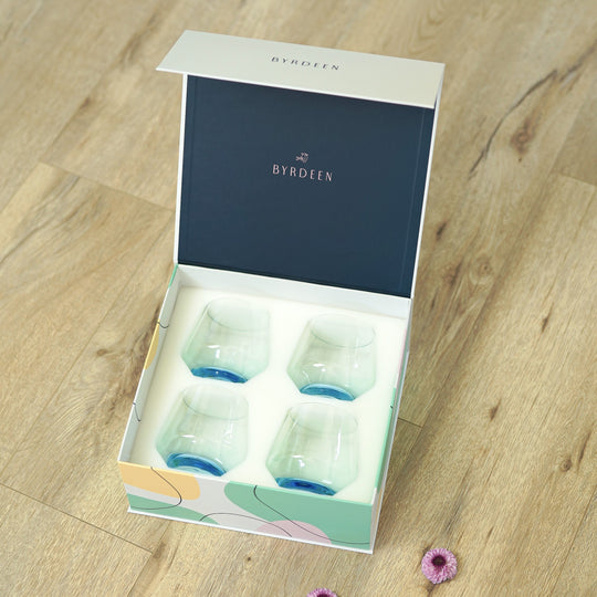 Byrdeen handblown blue cocktail glasses in luxury packaging