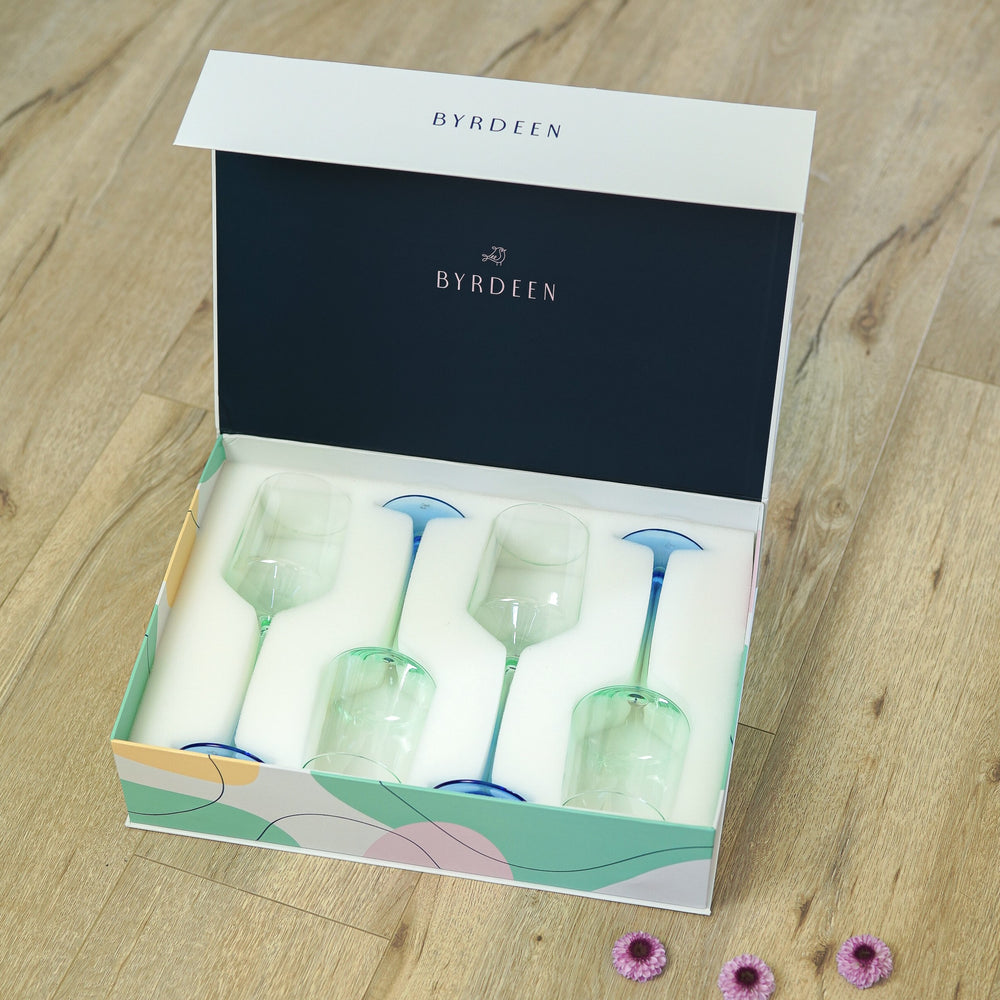 Byrdeen Blue and Green Wine Glass Packaging